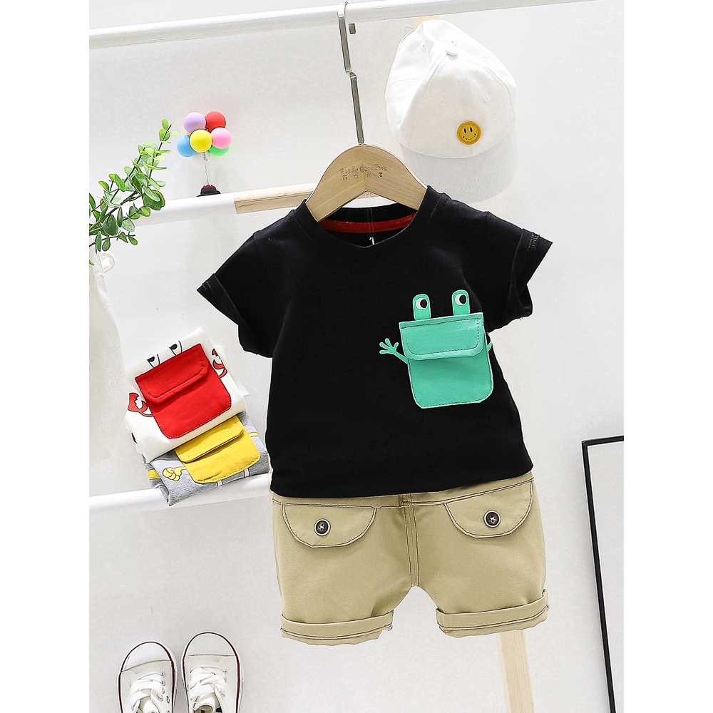 Set áo thun tay ngắn trang trí hoạt hình kèm quần short cotton thời trang mùa hè cho bé 0-5T