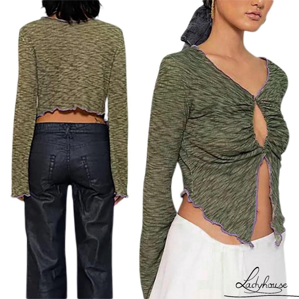 Áo Croptop Tay Dài Cổ Chữ V Có Khóa Cài Trước Gợi Cảm Cho Nữ