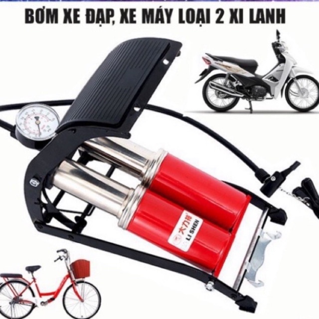 BƠM HƠI ĐẠP CHÂN Ô TÔ XE MÁY 2 PISTON - 2 bình