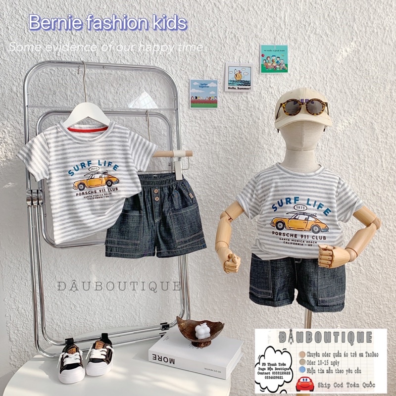 SÉT BỘ KẺ Ô TÔ QUẦN JEANS, SÉT BỘ BÉ TRAI CHẤT LIỆU COTTON MỀM MỊN CHO BÉ 8-23kg