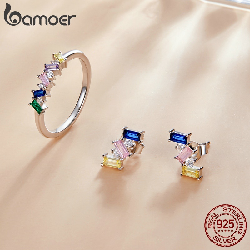 Đôi bông tai Bamoer SCE1208 bằng bạc 925 đính đá Zircon hình vuông nhiều màu chống dị ứng cho nữ
