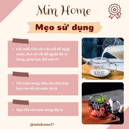 Cốc thuỷ tinh cute uống nước có quai ly chịu nhiệt Good morning 350ml Minhome CTT1