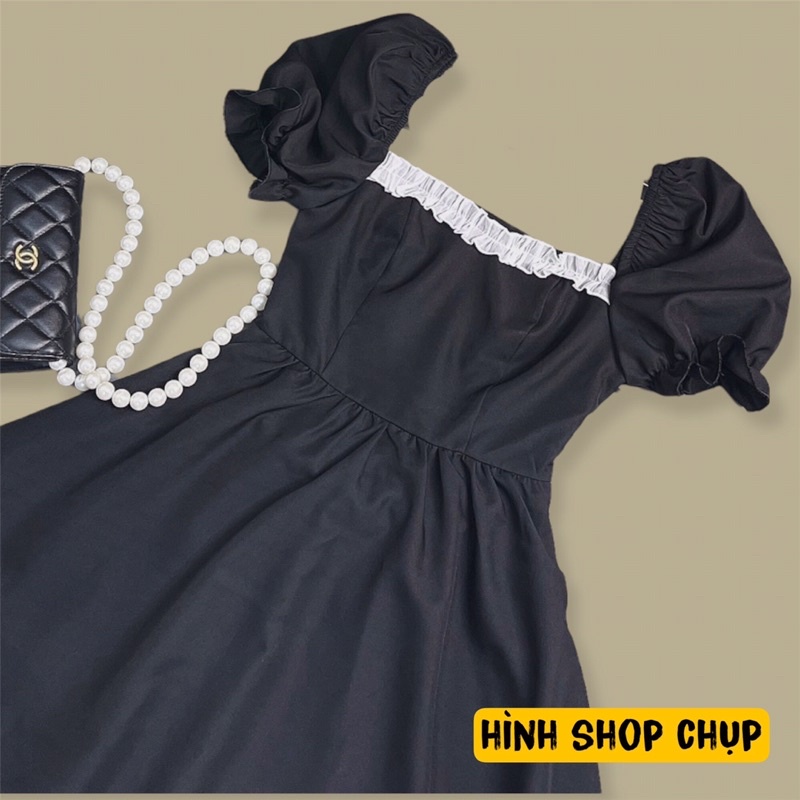Đầm xoè cổ vuông phối màu bèo cột nơ trống lưng siêu dễ thương