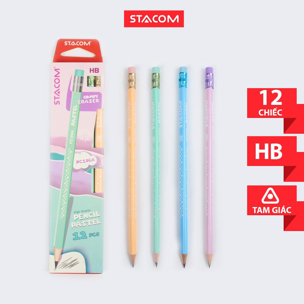 [Hộp 12 cây] Bút chì gỗ màu pastel Stacom 2B/HB PC106A