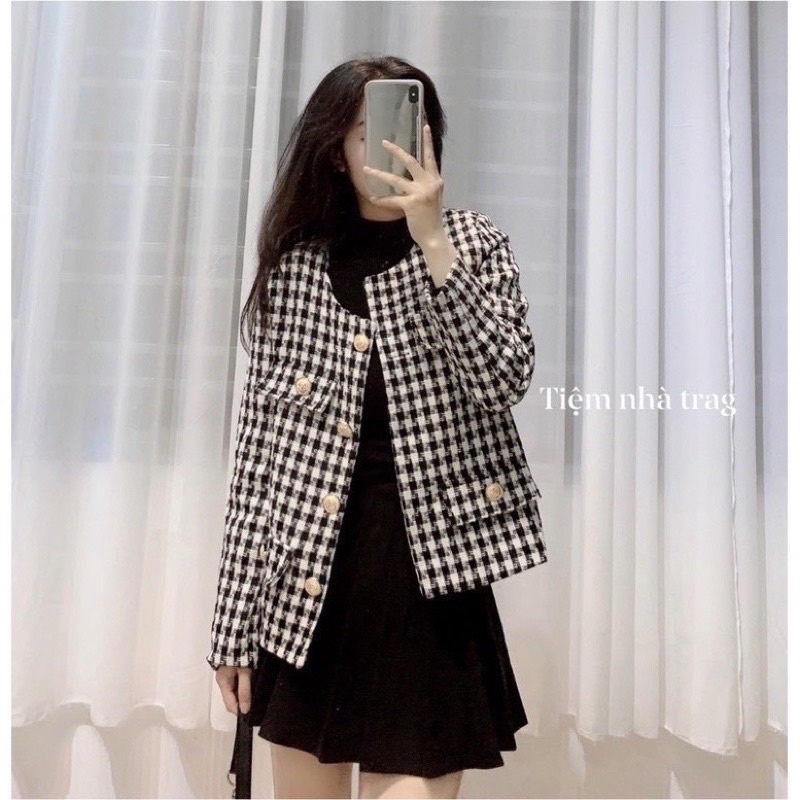 Áo Dạ Tweed túi giả kẻ mỏng nhẹ 2 lớp dọc khuy vàng siêu đẹp