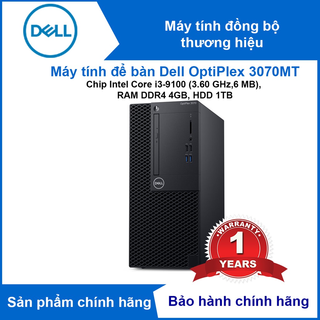 Máy tính để bàn Dell OptiPlex 3070MT (Chip Intel Core i3-9100 (3.60 GHz,6 MB), RAM DDR4 4GB, HDD 1TB) - Chính hãng