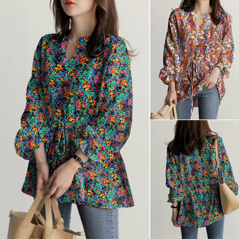 Áo ZANZEA tay dài in họa tiết thiết kế eo dây rút cổ tay thun thời trang thường ngày cho nữ