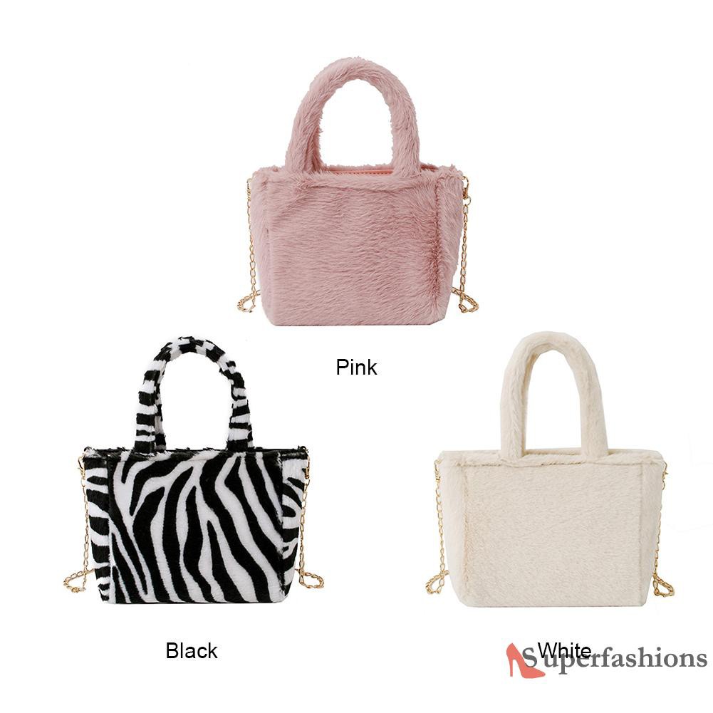 【Hot Sale】Autumn Shoulder Handbag Zebra Pattern Plush Women Chain Messenger Bag Totes