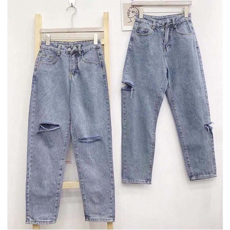 Quần Baggy Xanh Đá Rách 2 Gối/ Rách Sườn/Gối- Lưng Cao Trên Rốn