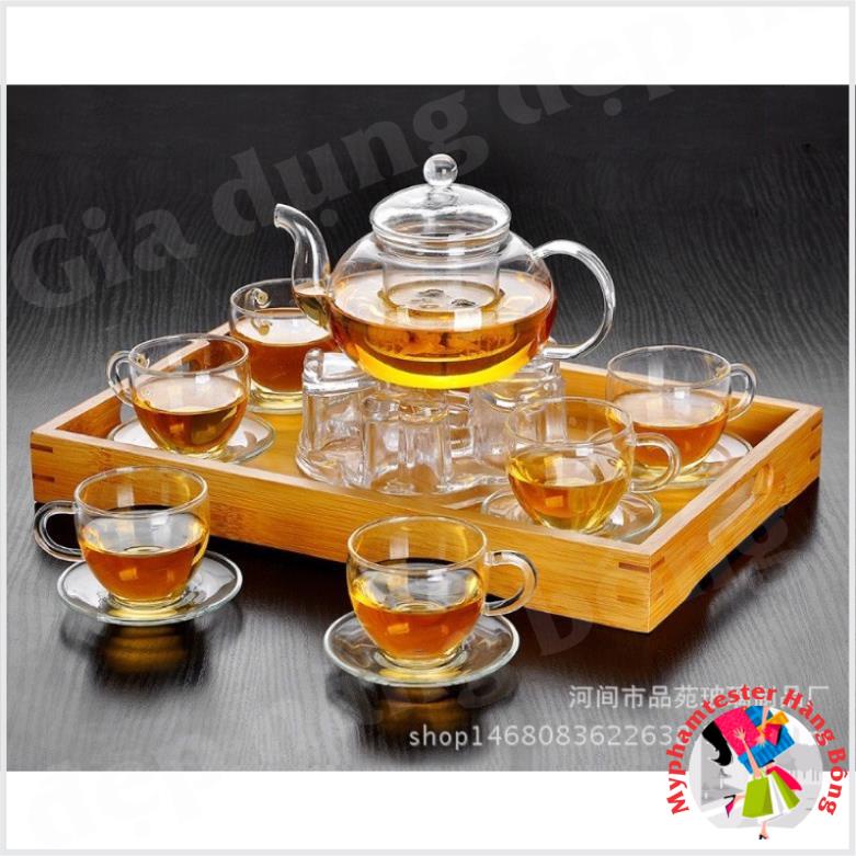 (HÀNG ĐẸP) set ấm thuỷ tinh gồm 1 khay trà gỗ, 6 chén, 6 đĩa kê, 1 đế tim thuỷ tinh, 1 ấm