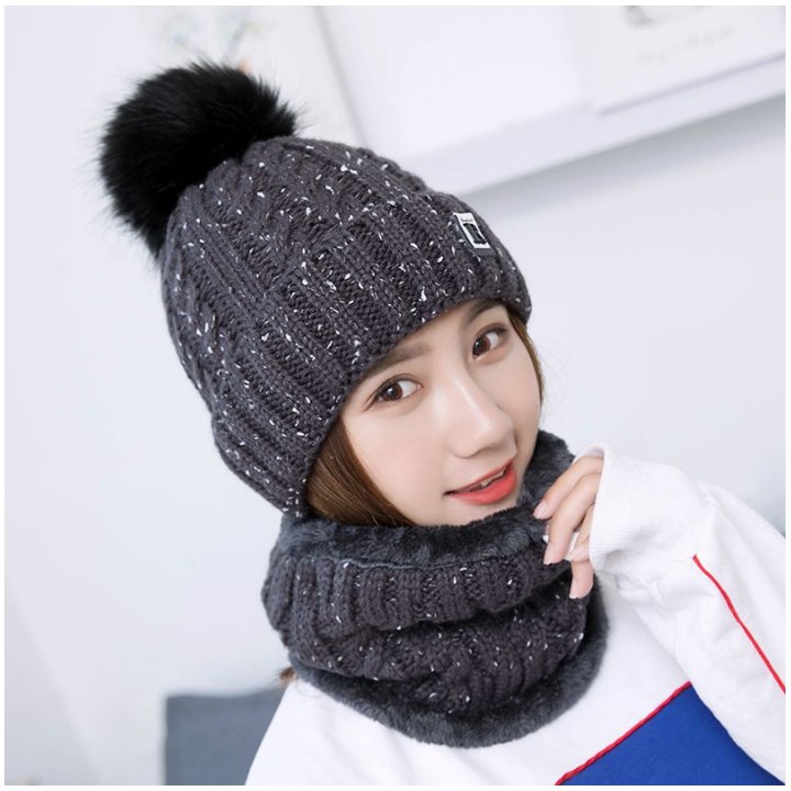 Mũ len vặn thừng nữ kèm khăn lót lông 2 lớp cực ấm phong cách Hàn Quốc