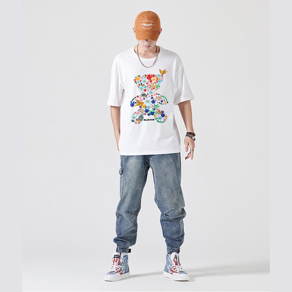 Áo thun tay lỡ AMIHOUSE gấu hoa unisex