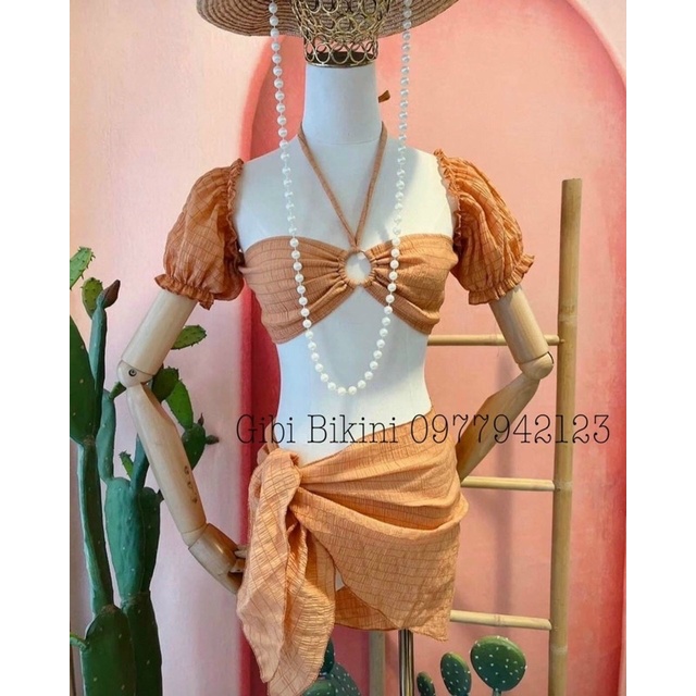 Set Bikini xốp 3 món áo óng tay phồng quần tam giác kèm khăn quấn