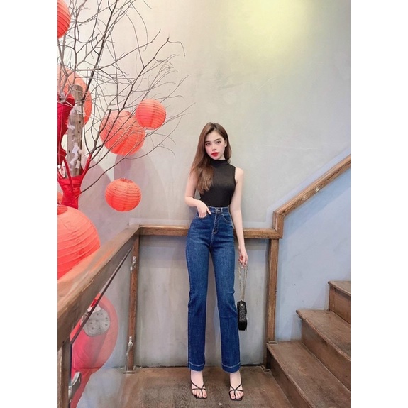 Quần jeans suông giãn gấu to #395