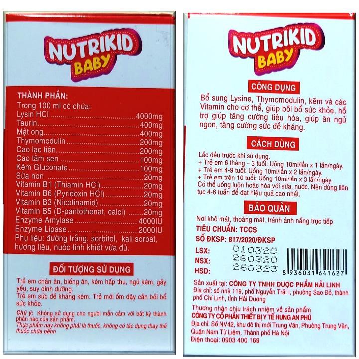 Siro Ăn Ngủ Ngon Nutrikid Baby - Bổ Sung Lysin, Vitamin B1, B6 Giúp Bé Ăn Ngon,NgủTốt, Tăng Sức Đề Kháng- Hộp 20 ống