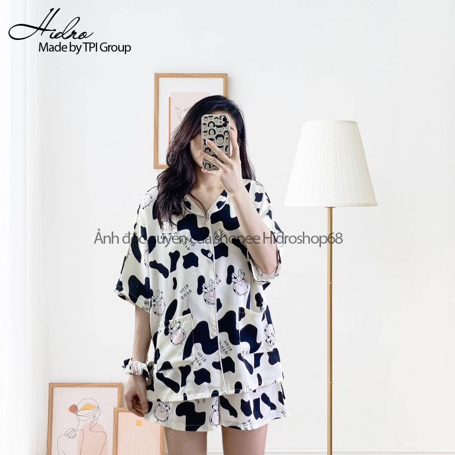 COMBO Bộ Ngủ Pijama Chất Lụa Hoạ Tiết Dễ Thương Kèm Dây Buộc Tóc Scrunchies