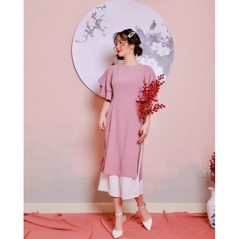 ÁO DÀI TẾT - PINK PEARL AODAI - ÁO DÀI CÁCH TÂN HỒNG PHẤN TAY LOE