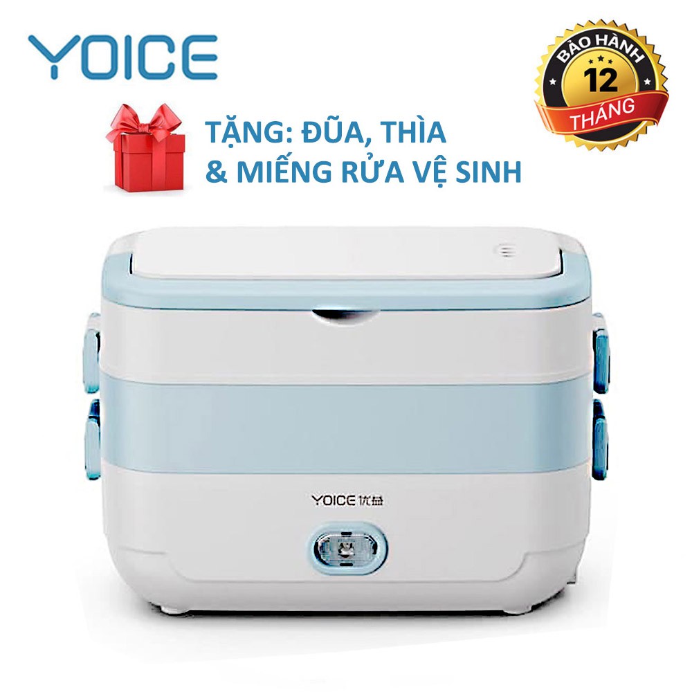 Hộp cơm cắm điện văn phòng nấu được cơm YOICE vuông 2 tầng khay inox có chức năng giữ nhiệt, hâm đóng +Tặng thìa,đũa