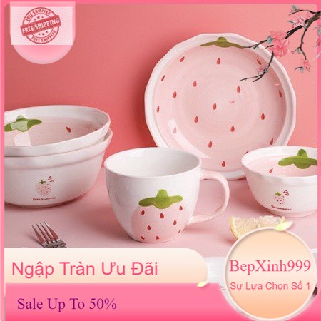 Bát Ăn Cơm 🥣 Bộ Bát Đĩa Sứ Dâu Hồng 🥣 Decor Chén Dĩa Dễ Thương Cute Cao Cấp B97