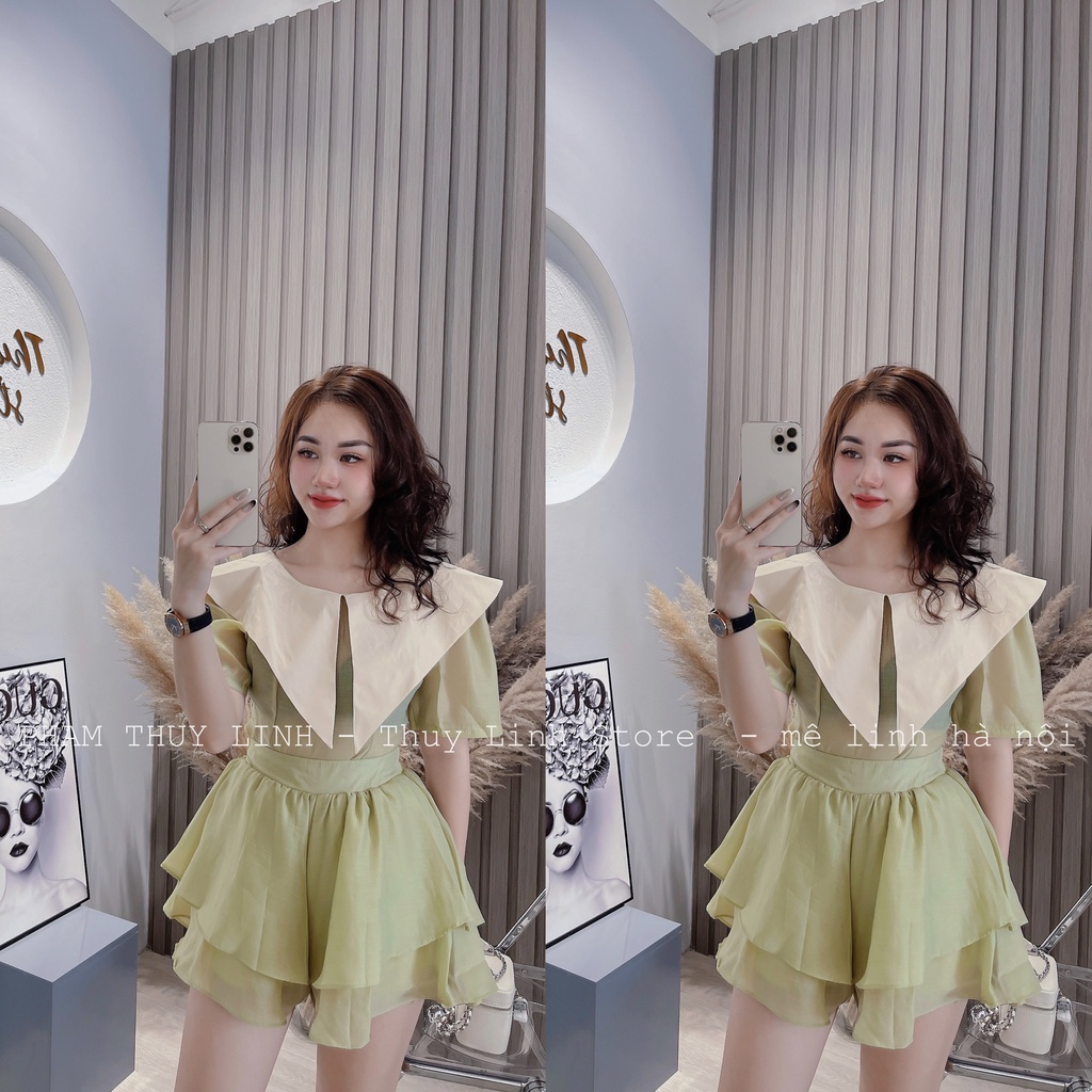 Set áo cổ piter mix quần short tơ xòe BN159