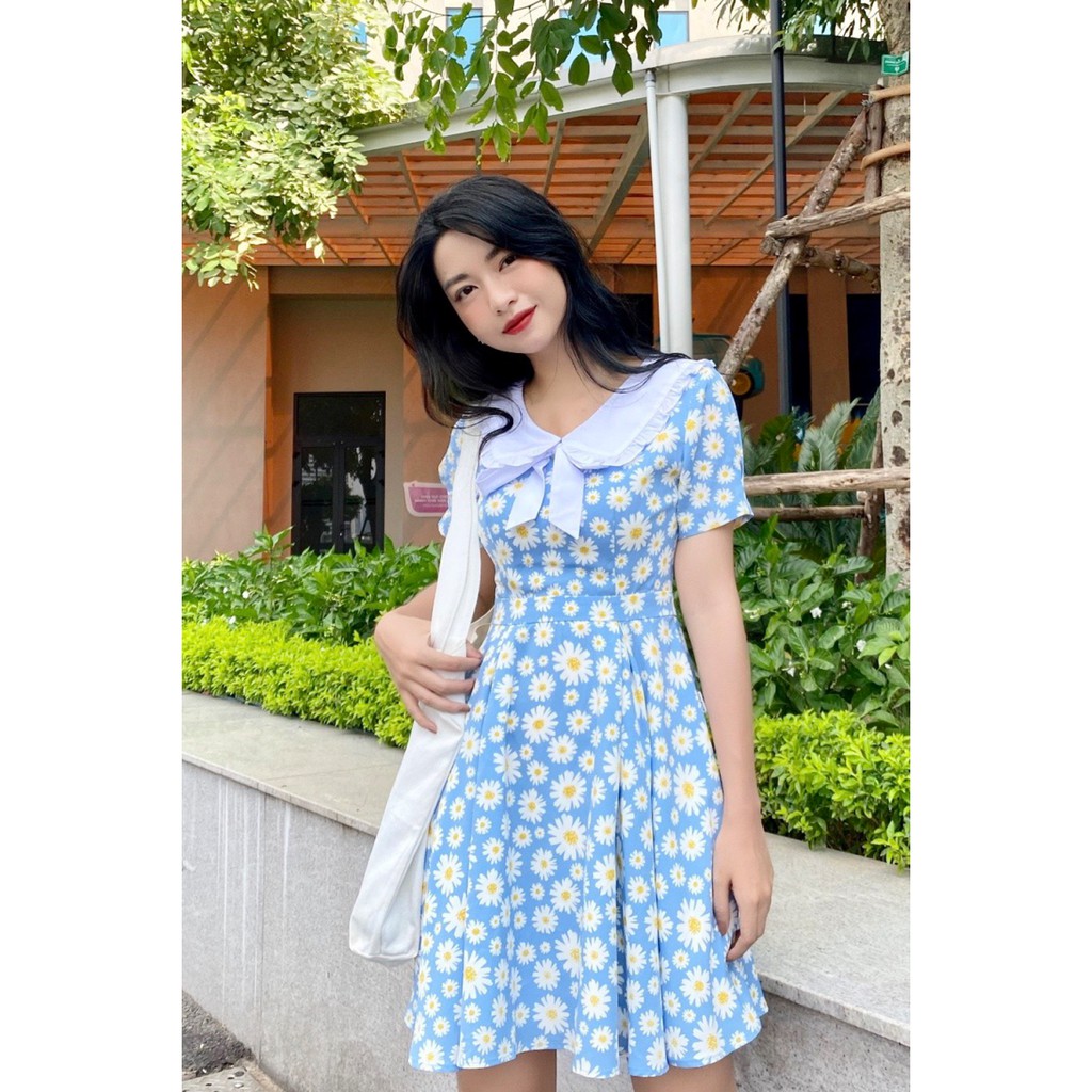[Mã WABRWA15 giảm 15% đơn 300K] Đầm xòe họa tiết hoa hướng dương tay ngắn đính nơ cổ 20AGIAN DEW0438 | BigBuy360 - bigbuy360.vn