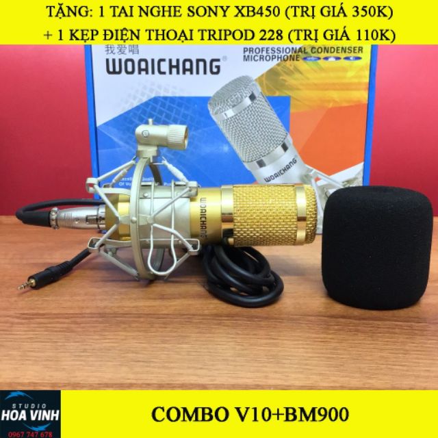 Combo livestream mic Woaichoang BM-900 soundcard V10 bluetooth tặng tai nghe kẹp điện thoại