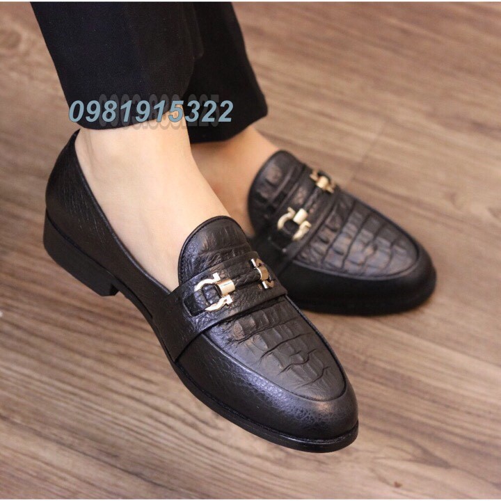 GIÀY LƯỜI IN CÁ SẤU BĂNG XÍCH CỰC CHẤT - GIẦY LƯỜI NAM DA BÒ 100% DẬP VÂN CÁ SẤU, ĐẾ CAO SU- MÃ K15 ĐEN