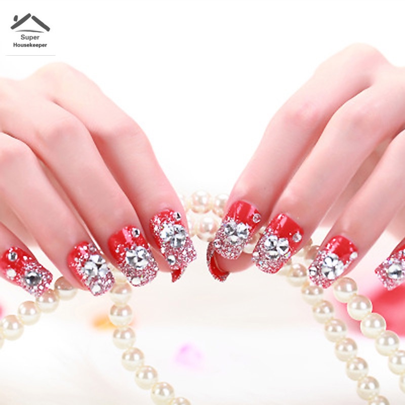 Set 24 móng tay giả màu đỏ đính đá 3D thời trang cho nữ