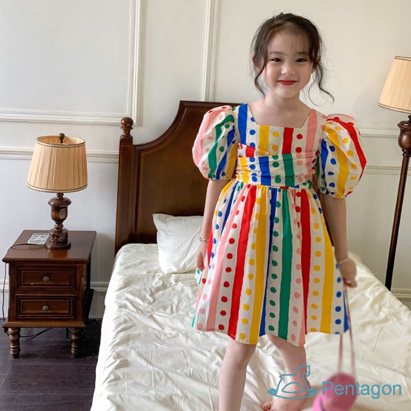 Đầm Công Chúa Tay Phồng Họa Tiết Chấm Bi Màu Cầu Vồng Phong Cách Hàn Quốc Thời Trang Mùa Hè Cho Bé Gái