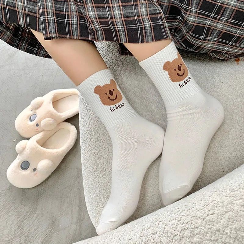 Tất nữ cổ vừa (5 đôi) màu trắng nhiều hình cute De Luna T004