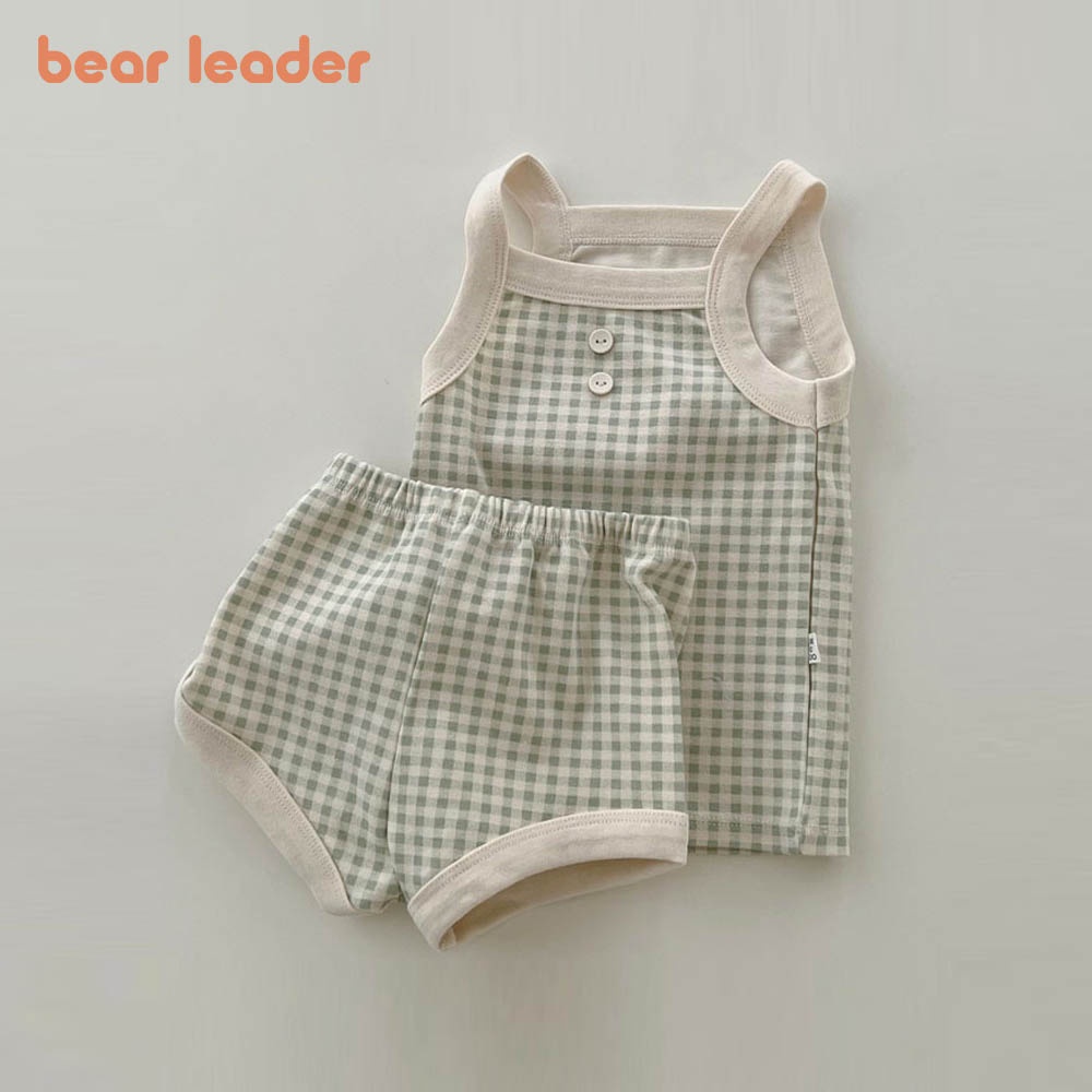 BEAR LEADER Bộ Áo Sơ Mi Không Tay + Quần Đùi Họa Tiết Caro Thời Trang Mùa Hè Cho Bé Sơ Sinh