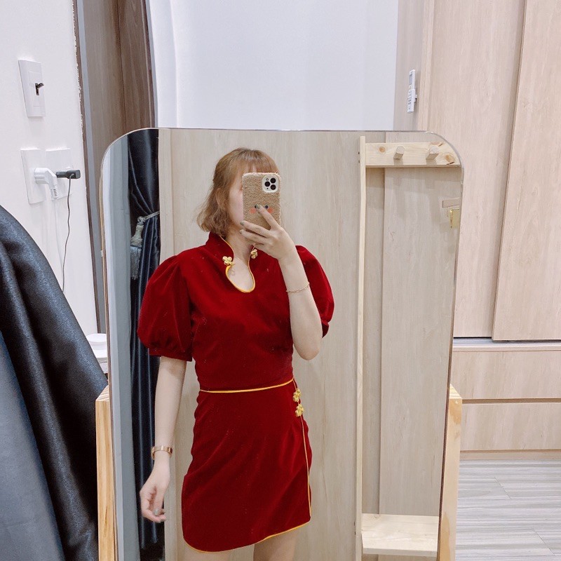 SET CROPTOP NHUNG ĐỎ CỔ TÀU VIỀN VÀNG [ ảnh thật shop tự chụp ] chất đẹp hàng chuẩn Shop | BigBuy360 - bigbuy360.vn