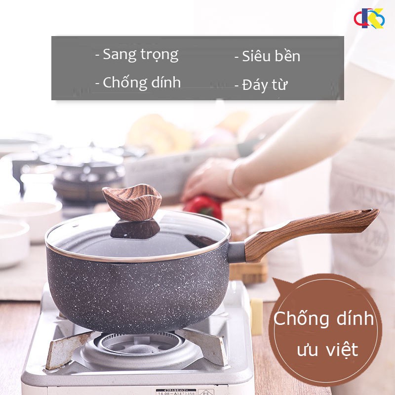 Nồi Vân Đá Đáy Từ Chống Dính, Nồi Quánh Đáy 3 Lớp Size 16-18cm Hợp Kim Nhôm, Nắp Kính Cường Lực Tay Cầm Chống Bỏng