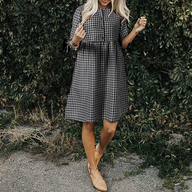 Đầm Midi Zanzea tay lửng họa tiết caro phong cách châu Âu cổ điển thời trang cho nữ