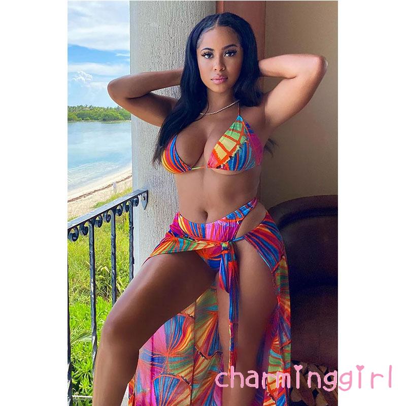 Set bikini 3 món in họa tiết nhiều màu sắc thời trang quyến rũ cho nữ