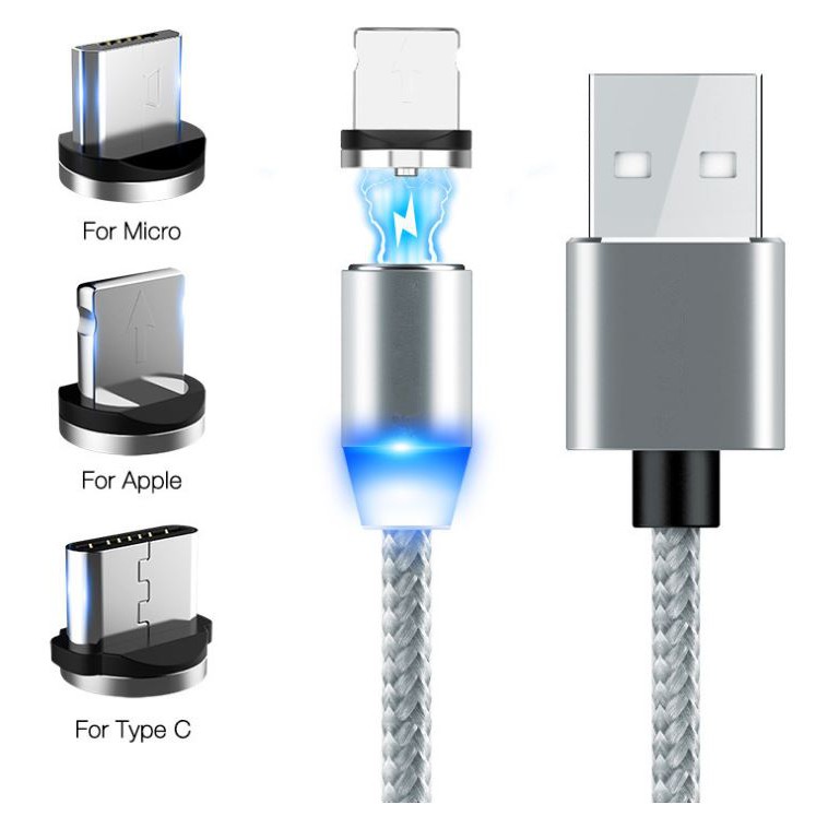 Bộ Cáp sạc từ hút nam châm 3 đầu Iphone | micro USB | Type C xoay 360 độ dây dù,có LED cao cấp