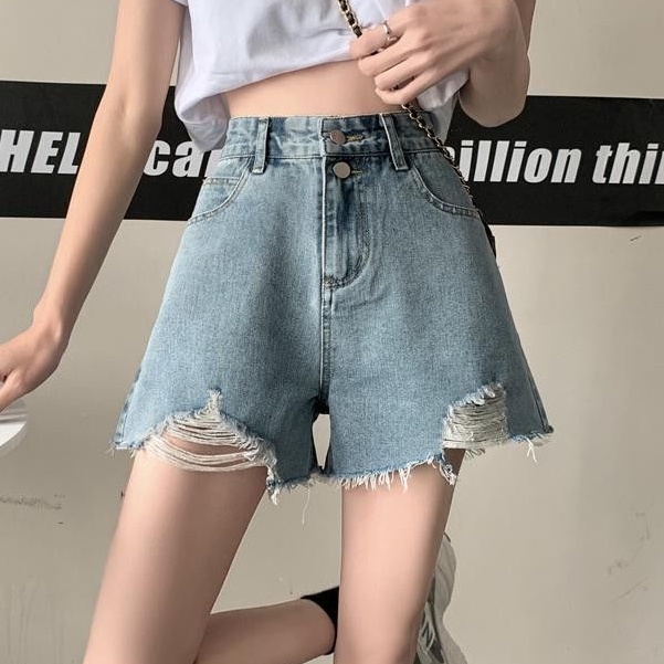 Quần Short Denim Lưng Cao Ống Rộng Phong Cách Hong Kong Cho Nữ