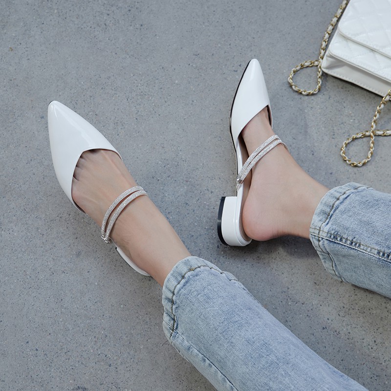 Giày cao gót  thời trang mũi nhọn phối dây hở gót cao 2cm màu trắng size lớn 40 41 42 43 44
