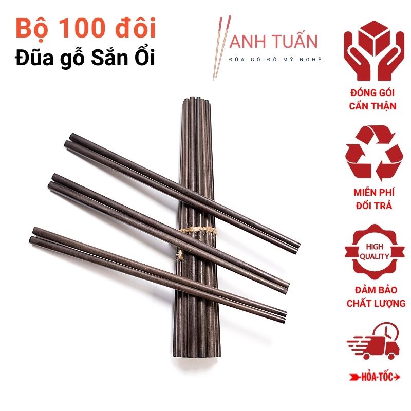 Bộ 100 đôi đũa ăn cơm cao cấp gỗ SẮN ỔI đẹp tự nhiên không hoá chất