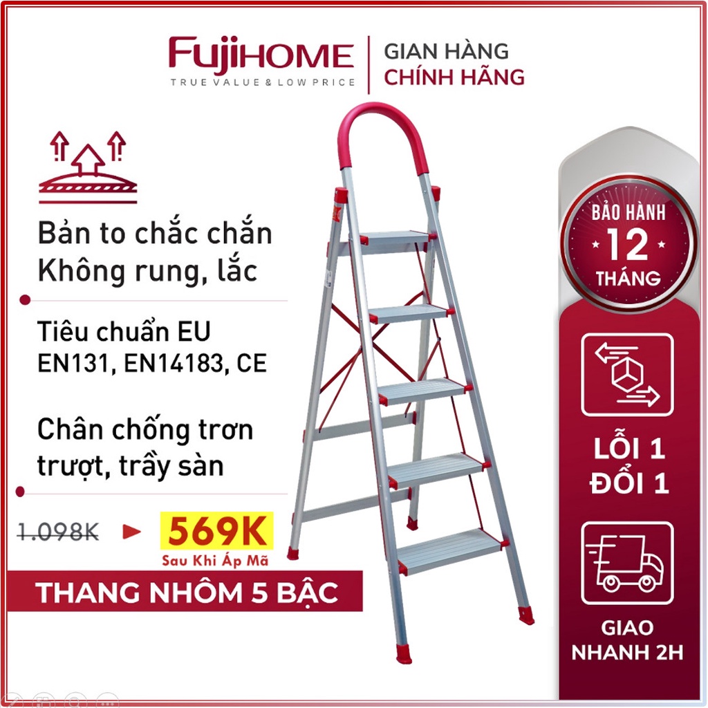 Thang ghế nhôm tay vịn chữ A bản to 3 - 4 - 5 bậc từ 1,2M - 1,65M xếp gọn FUJIHOME, Thang chữ A gia đình đa năng rút gọn