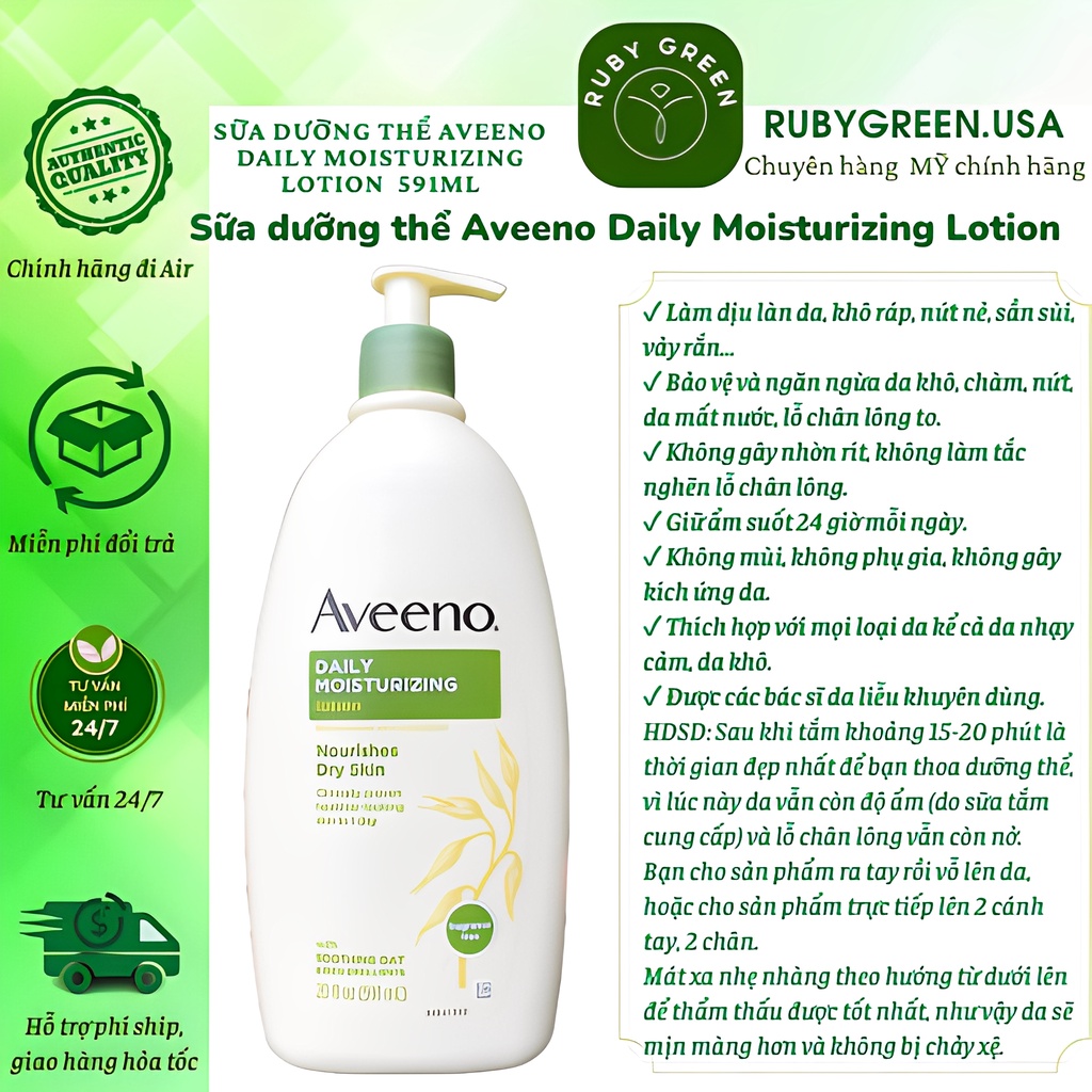 Kem dưỡng thể toàn thân Aveeno Daily Moisturizing Lotion Nourishes Dry Skin 591ml Mỹ