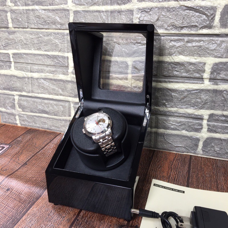Hộp xoay đồng hồ vỏ Gỗ Sơn Mài Đen Bóng - Lên dây cót đồng hồ cơ Automatic