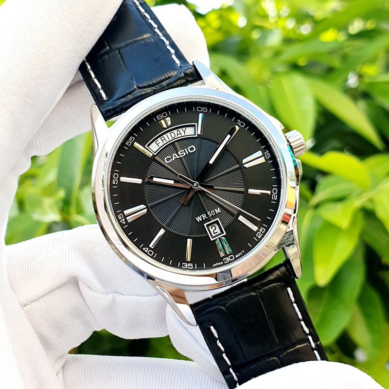 Đồng hồ kim nam dây da Casio MTP 1381L full đen huyền bí