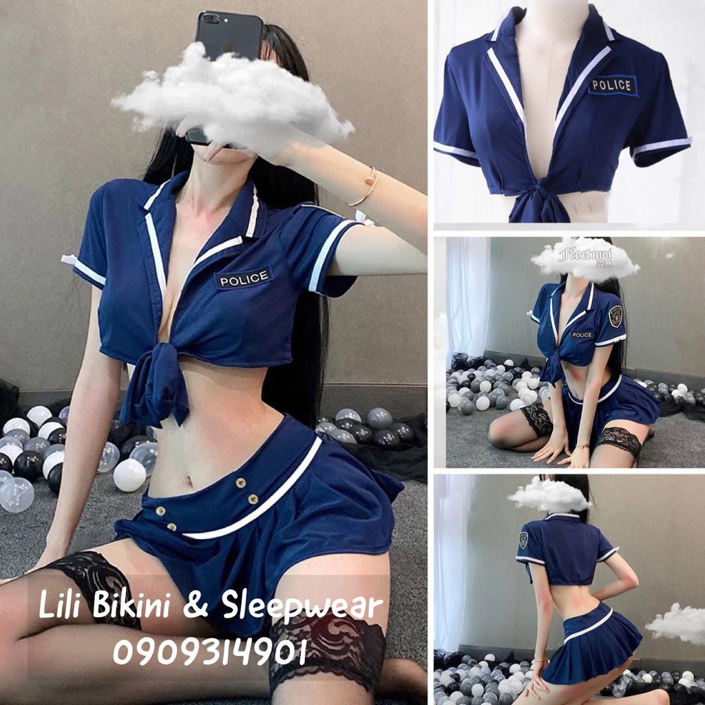 Cosplay nữ cảnh sát set áo váy xanh đậm gợi cảm