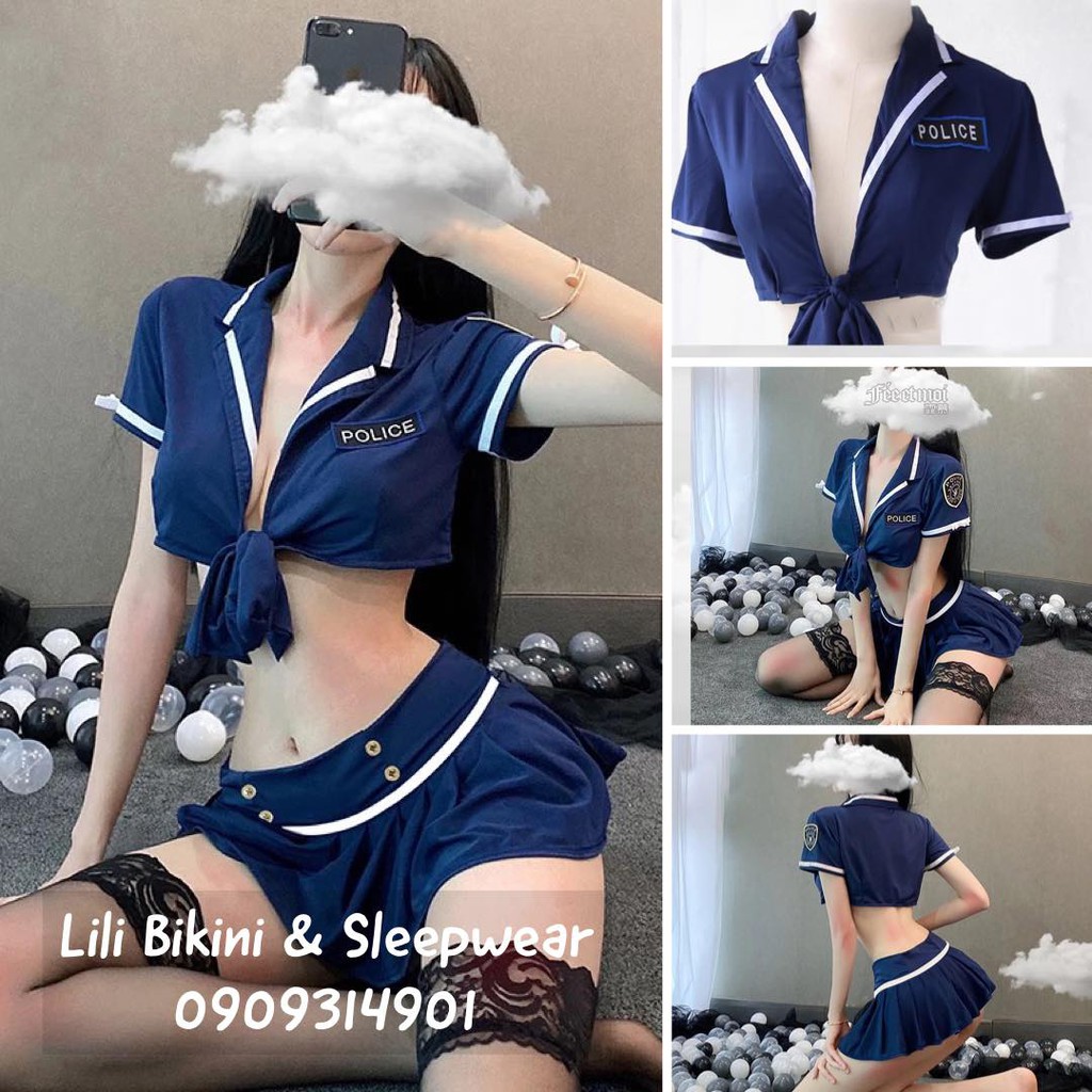 Cosplay nữ cảnh sát set áo váy nón xanh đậm gợi cảm