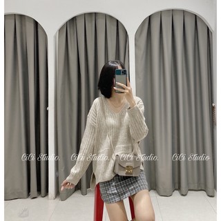 Áo len trơn cổ tim xẻ vạt