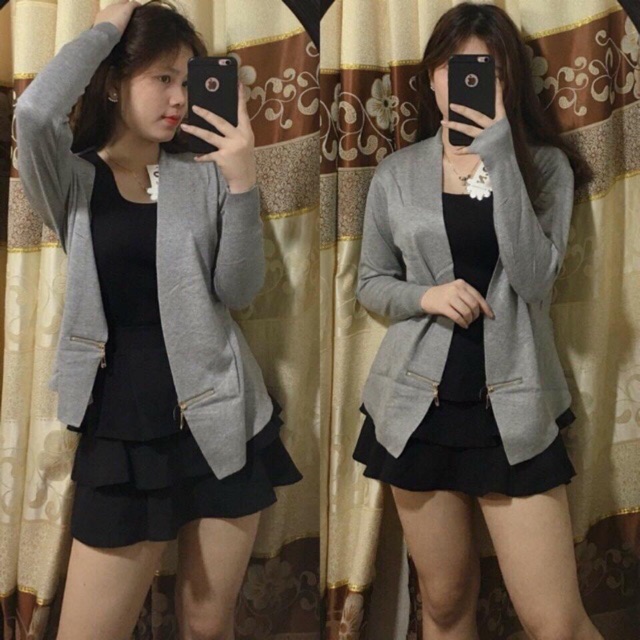 Áo khoác len không cúc phối dây kéo eo.(có trắng).