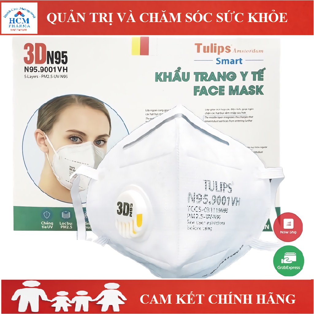 Khẩu trang N95 Tulips trẻ em và người lớn chính hãng có van thở và không van 1 cái HCM06