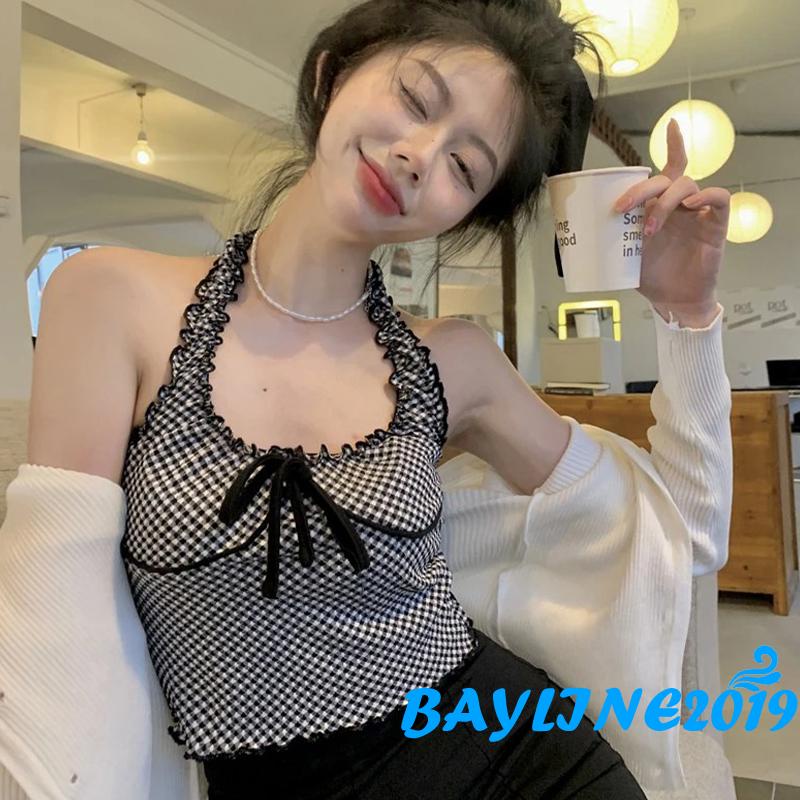 Bay-Women Summer Crop Tops, Halter Plaid Printed Bow-Knot Ruffled Short Tops, Ladies Slim Navel Vest