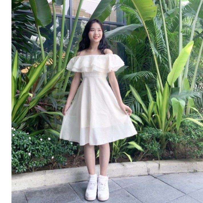 [ Qùa Tặng Dây Buộc Tóc Bạn Nhé] Đầm - váy trễ vai voan tơ 2 màu ( be, trắng) - Váy ulzzang siêu xinh | BigBuy360 - bigbuy360.vn